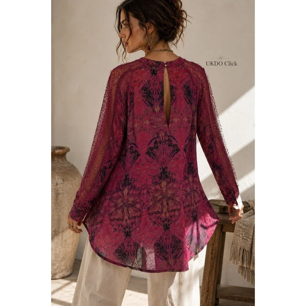 Free People Boho Tunic Top Lace Sleeve Keyhole Back Linen Blend M